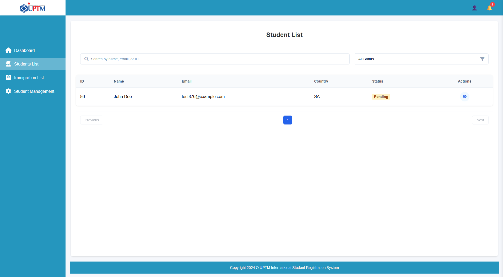 Immigration Management Interface Screenshot